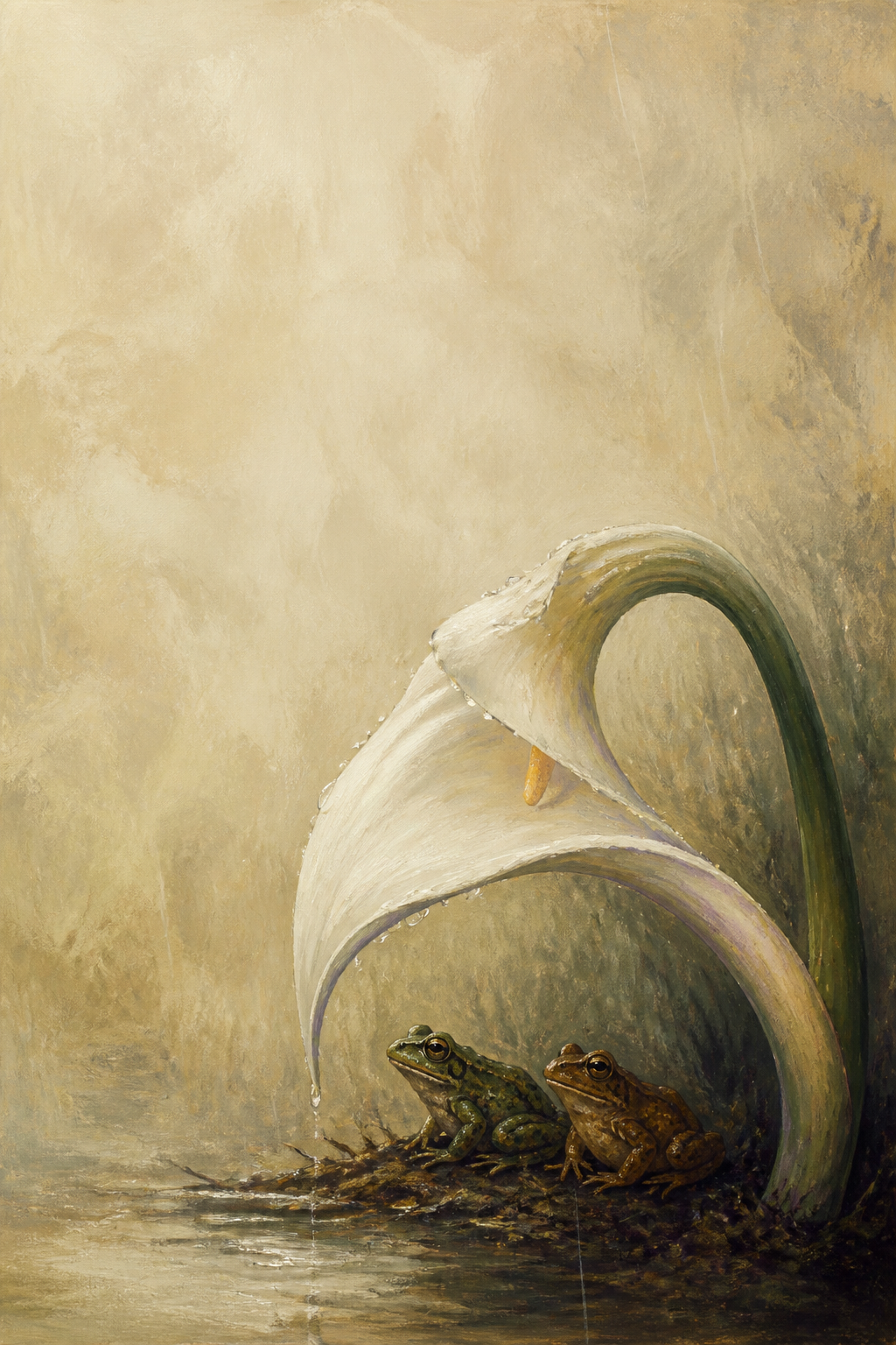 Two painterly frogs sharing shelter beneath an enormous ivory calla lily