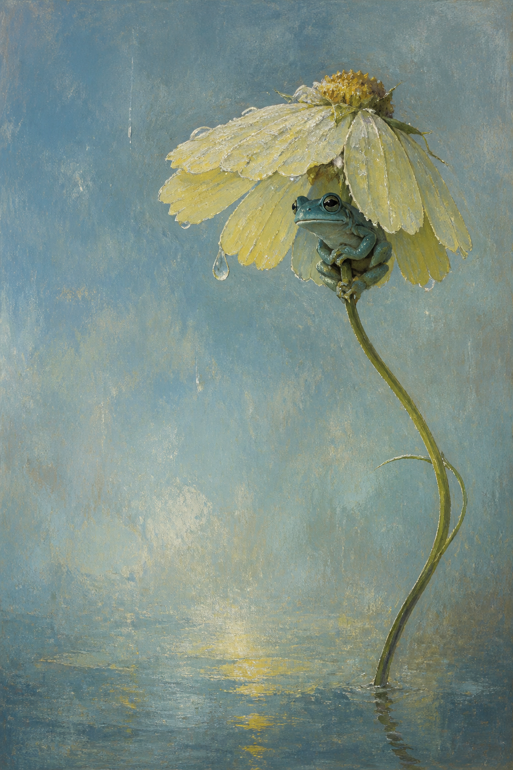 Blue-green frog beneath a pale yellow cosmos flower against expansive blue negative space